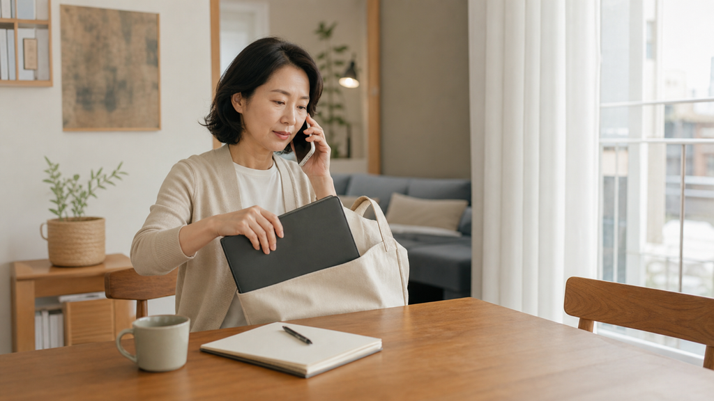 밝은 거실 식탁에서 전화 통화를 하며 검은 포트폴리오를 캔버스 가방에 넣는 중년 여성