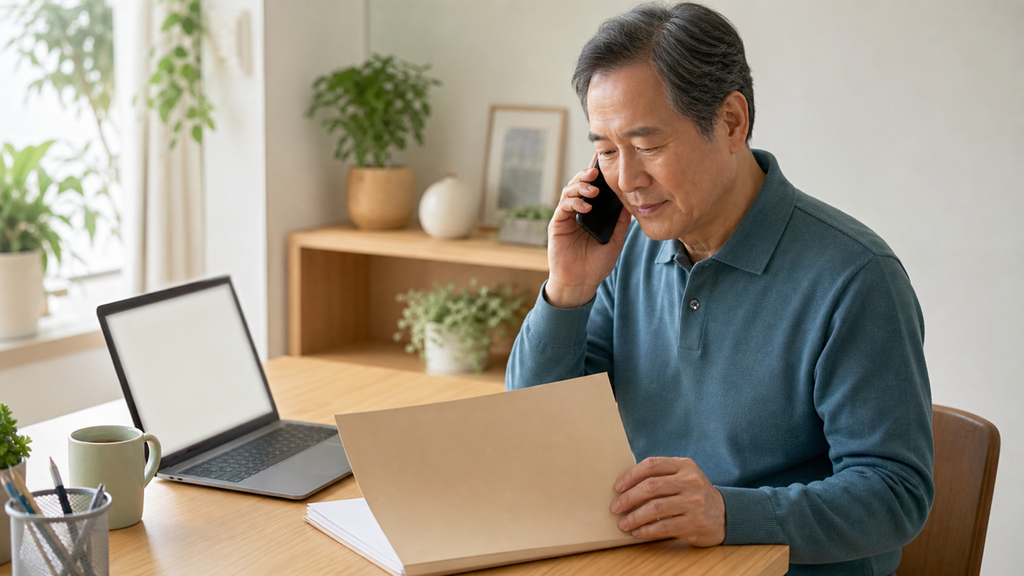 집 책상에서 빈 서류철을 들고 전화 문의를 하며 화면이 비어 있는 노트북을 곁에 둔 중장년 남성