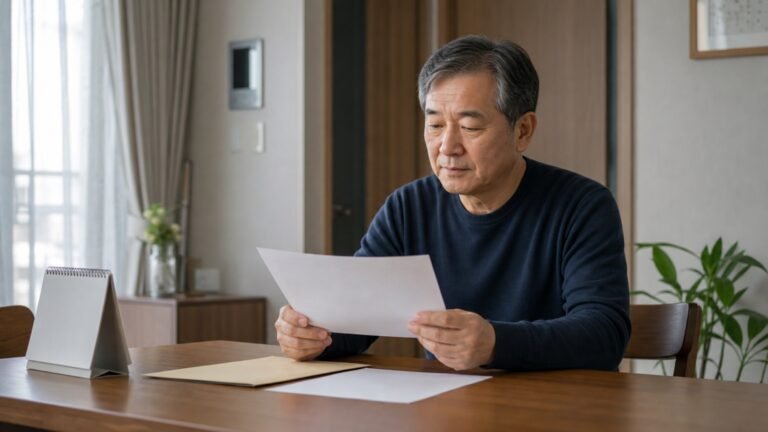 집 식탁에서 빈 서류를 살펴보며 국민연금 가입기간을 확인하는 60세 전후 남성